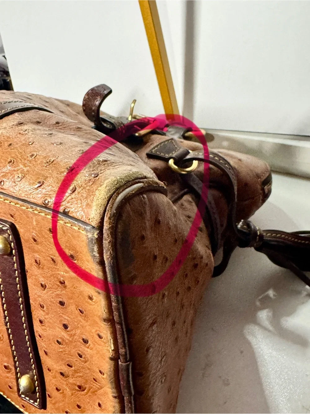 Dooney & Bourke Tan Ostrich-Style Satchel with Dark Brown Trim